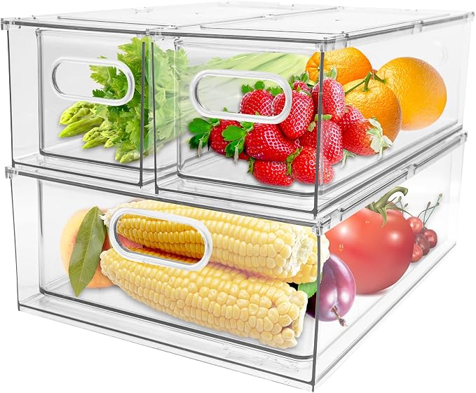 3 Pack Refrigerator Organizer Bins with Pull-out Drawer Stackable Clear Fridge Drawer Organizer Fruit Vegetable Storage Containers for Kitchen Pantry Organization (1 Large+2 Small) by GREENBY