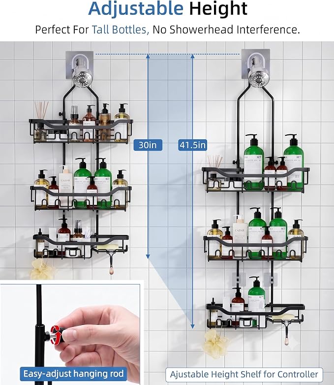 Adjustable Shower Caddy Hanging, Extended Length Organizer Over Shower Head, 3 Tier Long Neck Shower Rack with Soap Holder for Large Storage, Black - Image 3