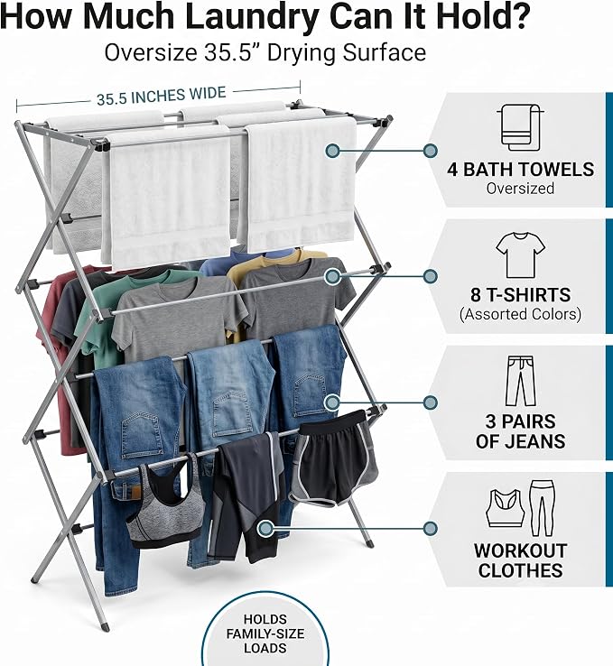 Honey-Can-Do Oversized Collapsible Clothes Drying Rack, 35", 50 lb, Grey | Oversized 35" x 45" steel rack holds 50 lb and folds flat for storage. Air-dry a full load indoors or outdoors. - Image 2
