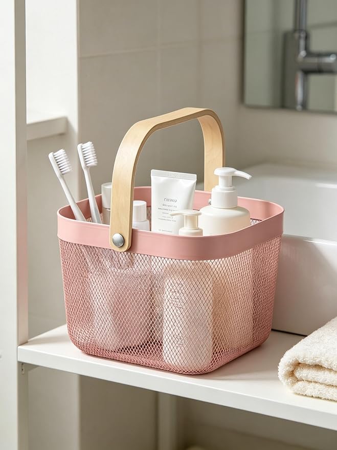 AJIODA Metal Mesh Steel Basket, Storage Organizer Basket Multi-functional Hanging Kitchen Baskets Fruit Baskets with Wooden Handle for Kitchen Bathroom Picnic Shopping Decor Cabinet Home, Rose Pink - Image 6