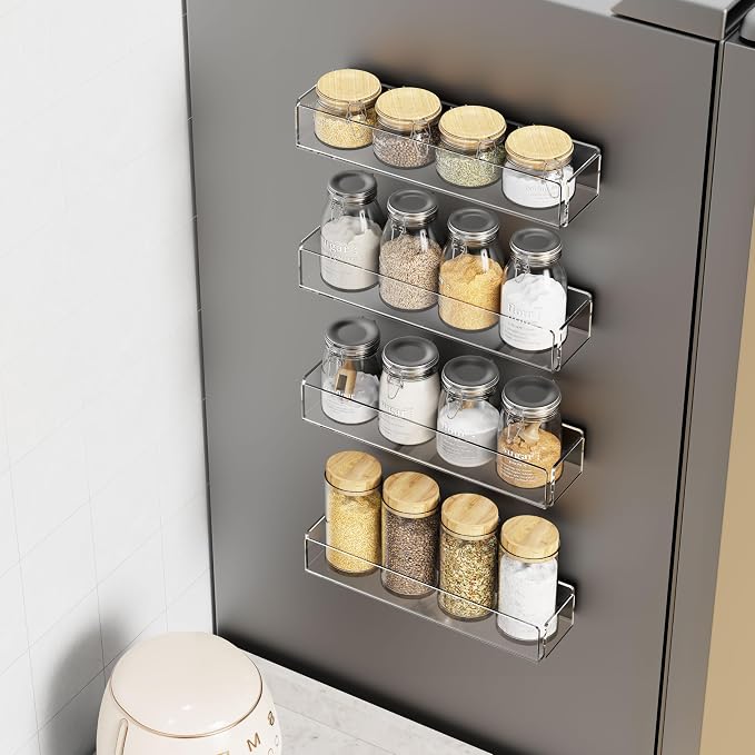4 Pack Acrylic Spice Racks for Refrigerator and Oven, Magnetic Fridge Organizers and Storage, Clear - Image 7