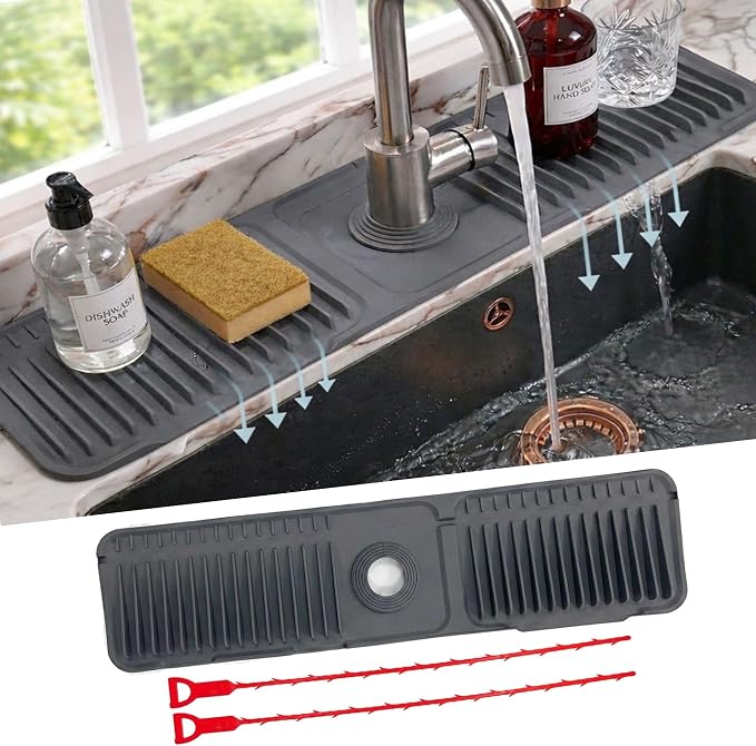 Faucet Mat for Kitchen Sink – 24 Inch Silicone Sink Splash Guard with 2 FREE Drain Cleaning Rods, Food-Grade Kitchen Faucet Mat, Self-Draining Countertop Protector for Kitchen & Bathroom by Unknown