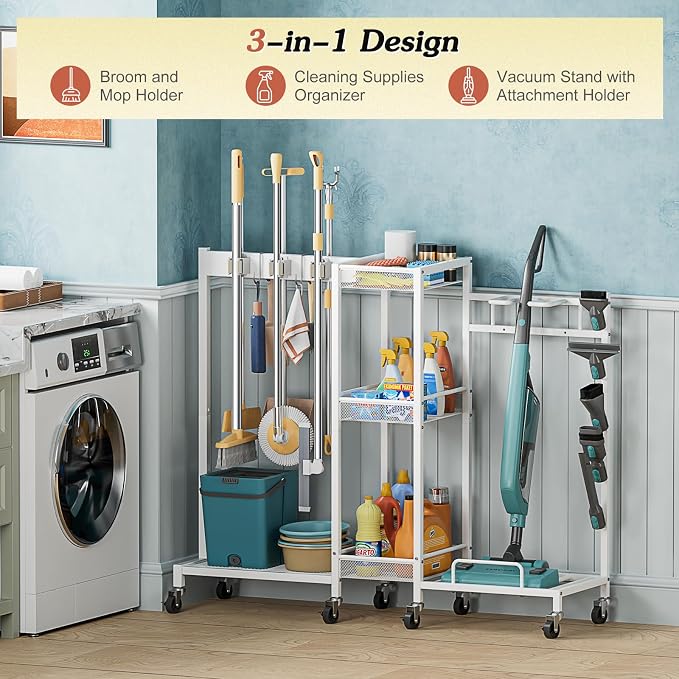 Broom Holder with Cleaning Supplies Organizer, Broom Closet Storage Cabinet with Cleaning Caddy Vacuum Stand, Cleaning Cart with Mop Hanger Gripper Rack Hook, Laundry Room Organization Home Essentials - Image 2