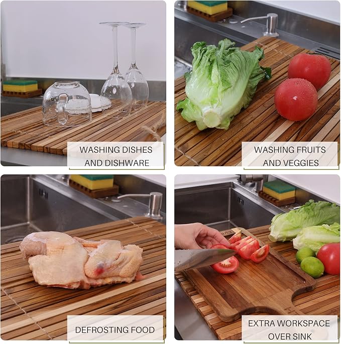HTB Over Sink Dish Drying Rack 17.8'' x 16.1” Teak Wood | Roll Up Dish Drying Rack for Kitchen Counter,Space Saving,Collapsible Dish Drying Mat for Bowls,Vegetables,Fruits,Bottles - Image 5
