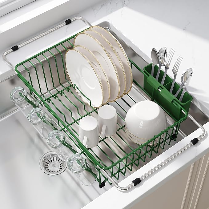JASIWAY Green Dish Drying Rack in Sink, Dish Drainer with Utensil Holder | Over The Sink Expandable Stainless Steel Strainer Dryer Rack for Small Kitchen, Counter Space Saving, Fast Drain, Rustproof by JASIWAY