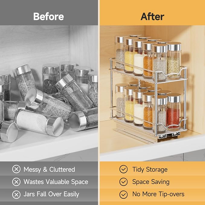 MUDEELA Pull Out Spice Rack for Inside Cabinet, 2 Tier Chrome Spice Organization for Cabinet, Vertical Sliding Out Spice Rack Organizer for Seasoning, 10.4''D×4.8''W×9.3''H - Image 7