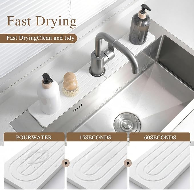 Diatomite Faucet Mat for Kitchen Sink, Quick-Dry Stone-Like Sink Mat, Flat Lay Absorbent Countertop Drying Mat for Faucet Area, Hard Diatomite Mat, White, 15.8 x 4 in - Image 2