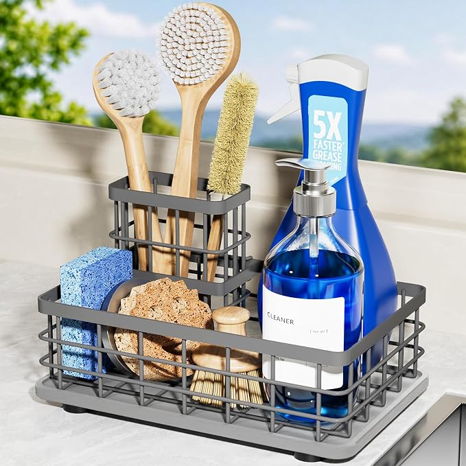 Kitchen Sink Organizer, Large Sink Caddy with Sponge Holder & Diatomite Mat | Cleaning Supplies in One Place, Kitchen Countertop Organizer, Home Essentials, Brush Holder, Quick Dry Tray, Fewer Puddles by HOKEMOM