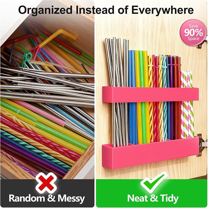 9.5” Large Acrylic Straw Holder for Cabinet Door, Adjustable Two-Part | Reusable Straws Organizer with Ultra Sticky Adhesive Strips, 2026 Straw Storage for Kitchen Cupboard (Hot Pink) - Image 6