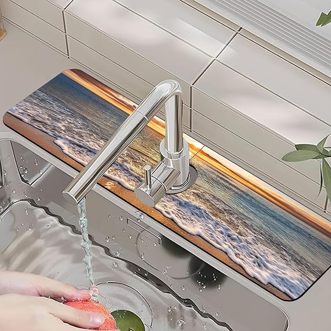 Faucet Mat for Kitchen Sink Seaside Scene Island Sink Splash Guard Behind Faucet Soft Diatom Mud Material Non-slip Easy to Clean for Bathroom & Kitchen 24"X5.5" - Image 6
