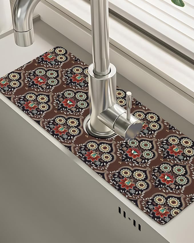 Patterned Sink Faucet Mat Kitchen Splash Guard Super Absorbent Drying Mat, Non-Slip Drain Pad for Kitchen Counter or Bathroom-15x5.5in by BnhjsdwTablecloth