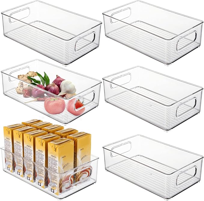 Kingrol 6 Pack Plastic Storage Bins for Pantry, Refrigerator, Countertop, Cabinet Organization, Stackable Food Storage Organizer with Handles, BPA Free, 10 x 6 x 3 Inch by Kingrol