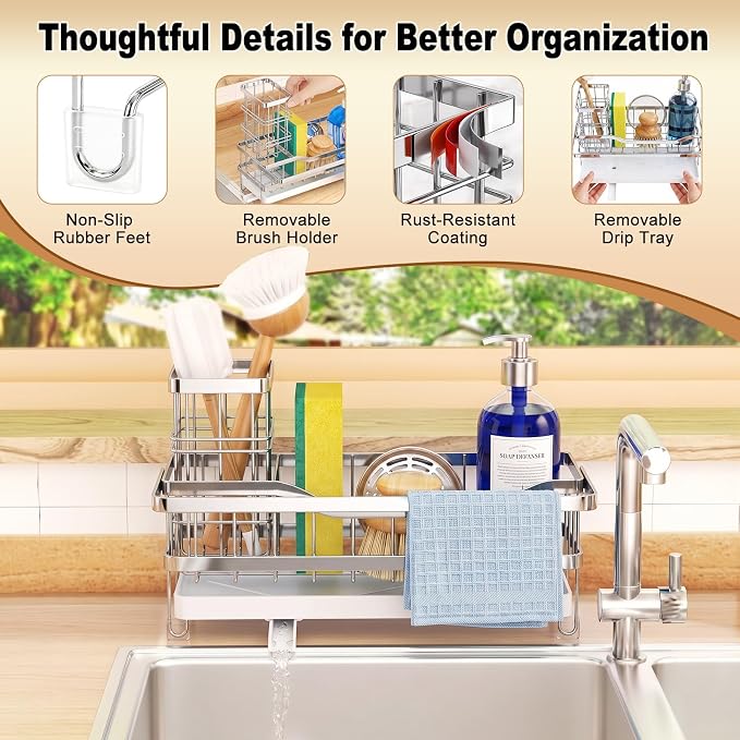 Sponge Holder for Kitchen Sink, Self-draining Sink Caddy with Towel Rack and Brush Holder, Metal Kitchen Countertop Organizers and Storage Essentials, Silver - Image 7