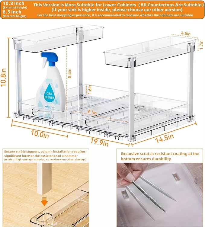 2 Pack 14.6″ Deep Pull Out Under Sink Organizer,10.8″ High 2 Tier Slide Out Cabinet Organizer for Kitchen Cabinet,Undersink Organizers,Under Sink Shelves,Bathroom Organizers and Storage,Clear - Image 4