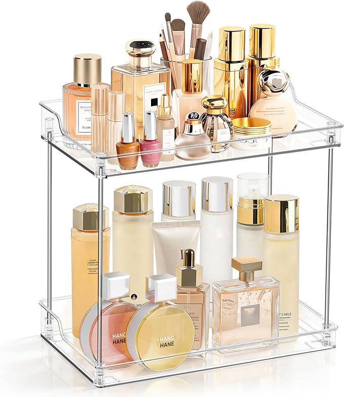 2 Tier Bathroom Counter Organizer, Clear, Rectangular | Tiered Skincare Organizer Bathroom Shelf for Vanity Countertop, Kitchen, Sink Storage, Holds Makeup, Perfume, Beauty Supplies by FODIENS