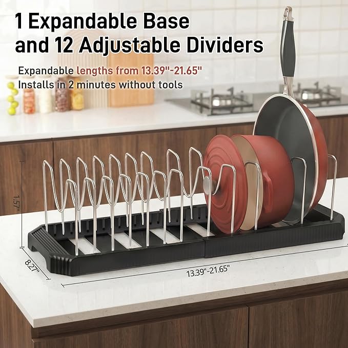 Expandable Pan Organizers Inside Cabinet with 12 Dividers Black | Extends 12.9-21.9", Holds cookie sheets, cutting boards, pot lids and pans, iron dividers, plastic base, under cabinet rack - Image 3