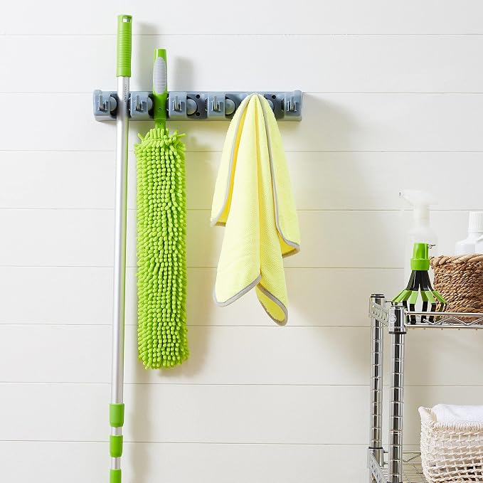 Amazon Basics Rectangular Heavy Duty Wall Mount Broom and Mop Holder, Sturdy Tool Organizer with Hooks and Slots for Garage, Garden, Laundry, Kitchen Organization, 2.36 x 16.9 x 3.35 in, Gray - Image 5