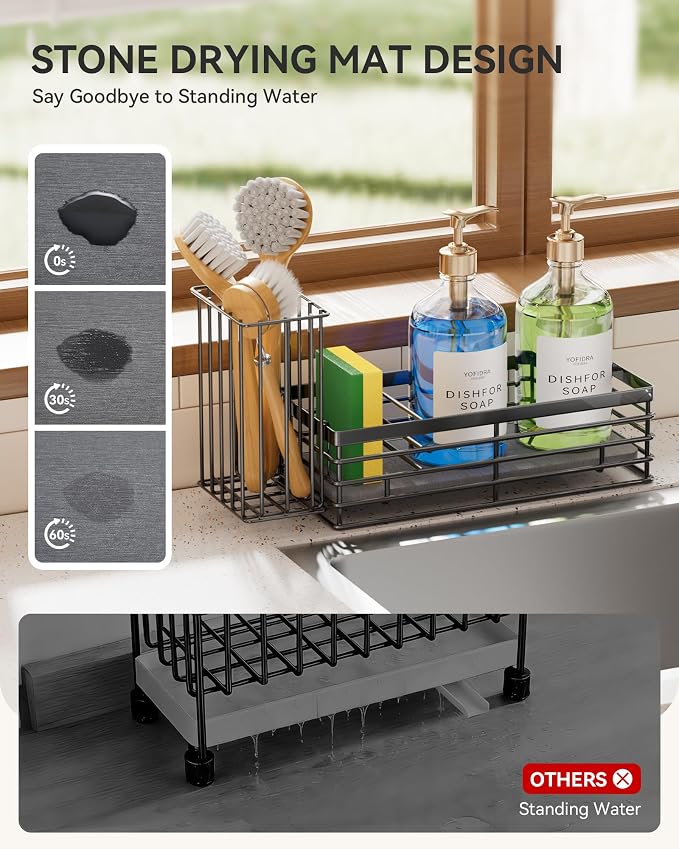 Yofidra Sponge Holder for Kitchen Sink, Sink Caddy Organizer with Stone Drying Mat, Kitchen Countertop Organizers and Storage Essentials, 304 Stainless Steel (Black, 9.29″ L) - Image 2