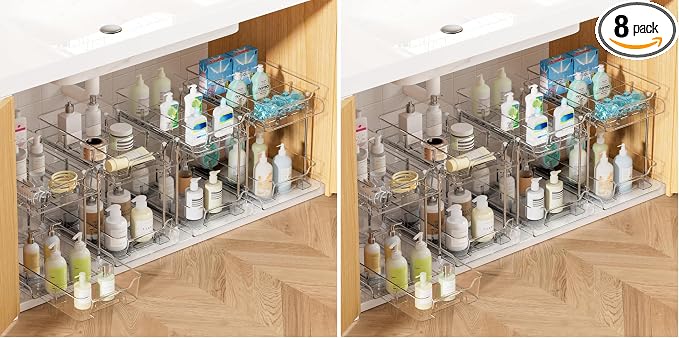 Vtopmart 8 Pack 2 Tier Bathroom Under Sink Organizers and Storage, Clear Kitchen Pantry Organization, Pull Out Medicine Cabinet Organizer with Movable Dividers by Vtopmart