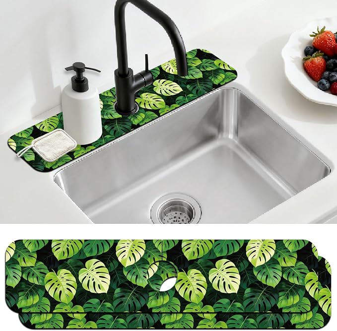2 Pcs Kitchen Sink Splash Guard Faucet Mat Monstera Leaves Pattern Faucet Mat for Sinks Absorbing Drying Mats for Kitchen Bathroom by CONCHLERY%E6%97%97%E8%88%B0%E5%BA%97