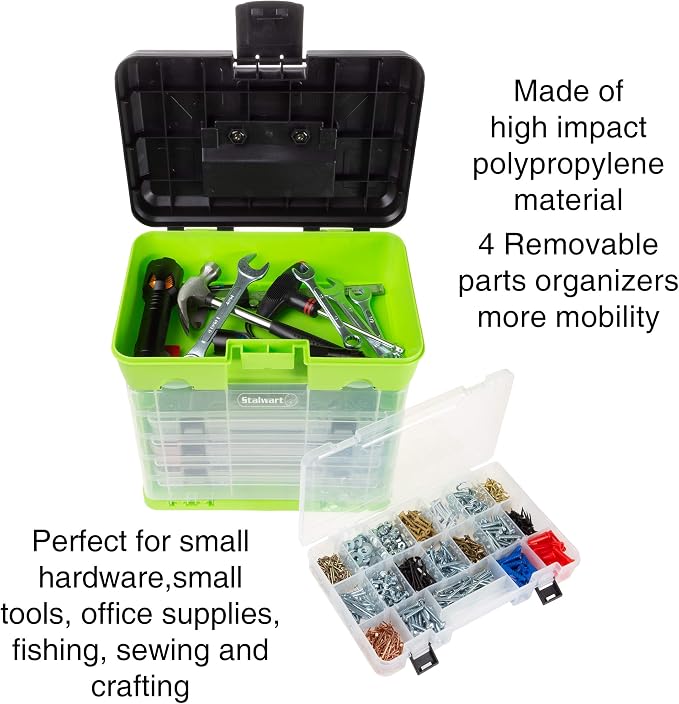 Portable Tool Box - Small Parts Organizer with Drawers and Customizable Compartments for Hardware, Fishing Tackle, Beads or Crafts by Stalwart (Green) - Image 3