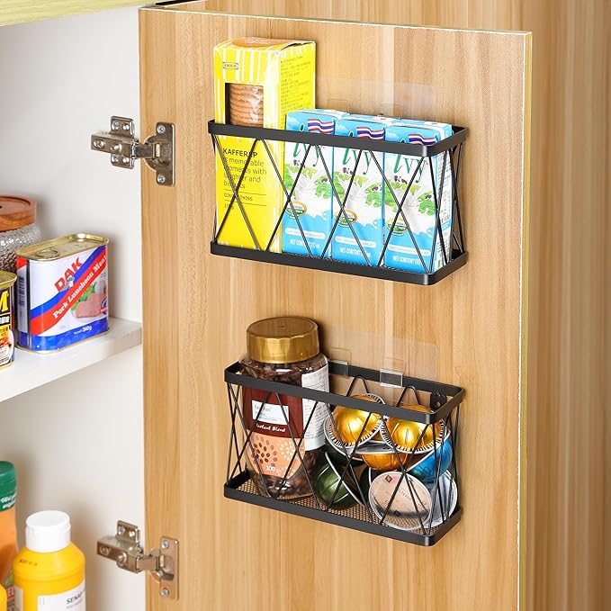 YIGII 3 Pack Adhesive Cabinet Organizer - Wall Mounted Pantry Door Organizer Bin Holder for Tupperware Lid Kitchen Wall Under Sink Basket Slim Space Black Stainless Steel - Image 6