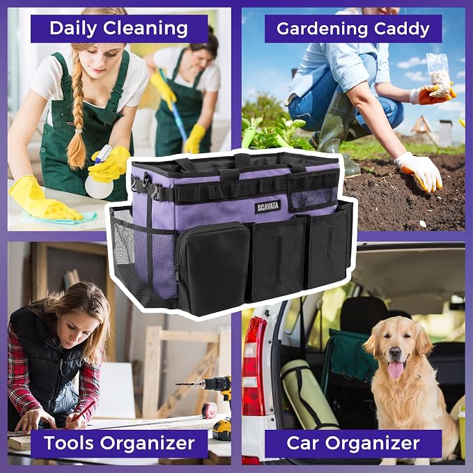 SCAVATA Wearable Cleaning Caddy Bag, Cleaning Caddy Supplies Organizer with Handle & Shoulder Straps for Housekeepers, Under Sink & Car Cleaning Tool Organizers with 4 Foldable Divider (Purple) - Image 7