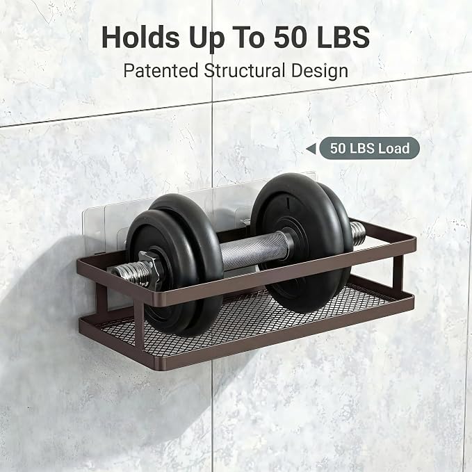 PUSDON 2-Pack Minimalist Shower Caddy Wall Mount, Open Frame Bathroom Shelf Organizer with Mesh Base, Rustproof Floating Spice Rack for Kitchen, Holds 50 LBS, 4 Hooks - Vintage Bronze, Guardrail - Image 5