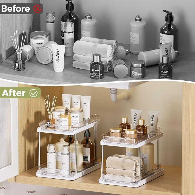 Delamu 2-Tier Bathroom Under Sink Organizers and Storage, Pull Out Cabinet Drawers with Anti-Slip Design, Multi-Purpose Storage for Kitchen, Pantry, Bathroom & Home Organization, White, 4 Pack - Image 6