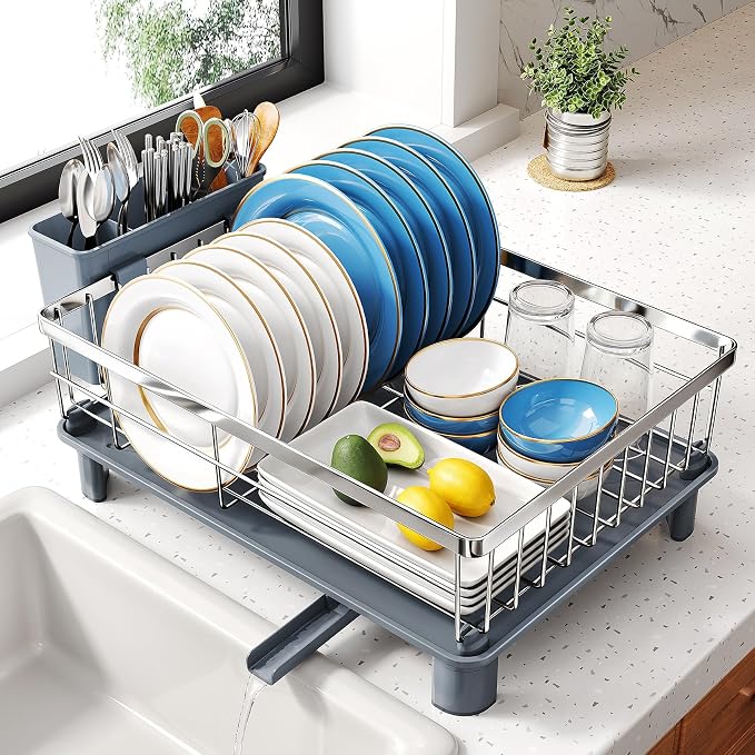 SNTD Dish Drying Rack for Small Kitchen Counter, 11" W x 15" L, Silver | Space Saving, Rotating Spout & Angled Drainboard for Quick Drainage, Stainless Steel, Removable Utensil Holder by SNTD