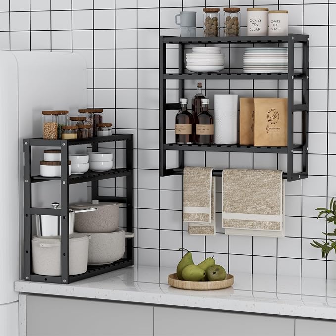 PPN Towel Rack Bathroom Storage Shelves Over The Toilet with Towel Bar 100% Bamboo Adjustable Height Floating Shelf Wall Shower Shelf for Small Space Bathroom Kitchen Multi Usage (Black-2Pack) - Image 5