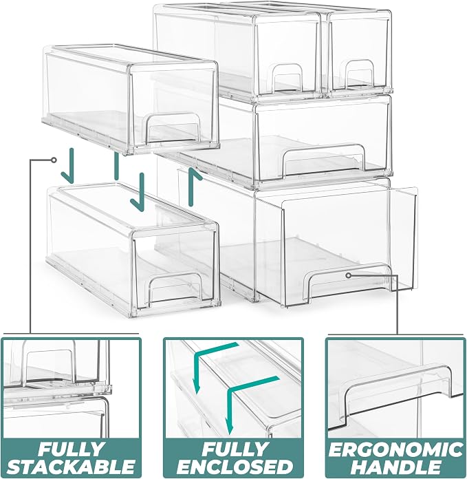 Sorbus Small Wide Clear Stackable Storage Drawers – 2-Pack Plastic Organizer Bins with Handles – Stackable Pull-Out Storage Drawers for Closet, Pantry, Office, Bathroom, Craft, and Toy Organization - Image 4