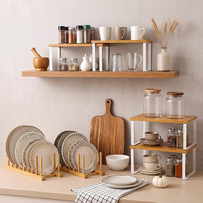 8 Pcs Kitchen Organizer Accessories Set Stackable Cabinet Organizer Shelf and Bamboo Plate Holder Dish Rack for Plates Bowls Pot Lids Cups Glasses Cutting Boards Countertop Storage (White) - Image 4
