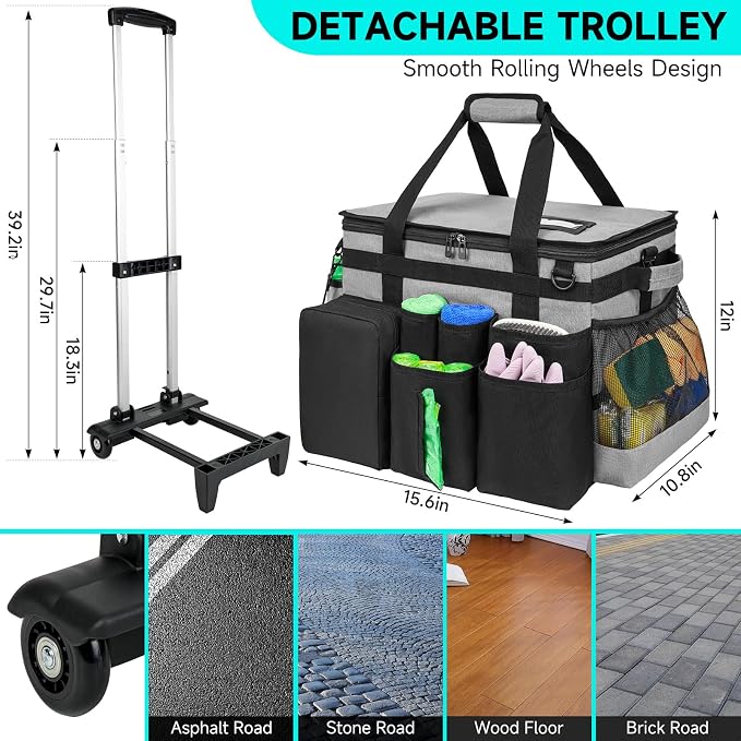 Cleaning Cadddy Bag with Rolling Cart, Large Cleaning Bag with Wheels | Cleaning Supplies Organizer with Detachable Trolley for Housekeepers, Housekeeping Cleaning Cart with Shoulder Strap & Handle - Image 3