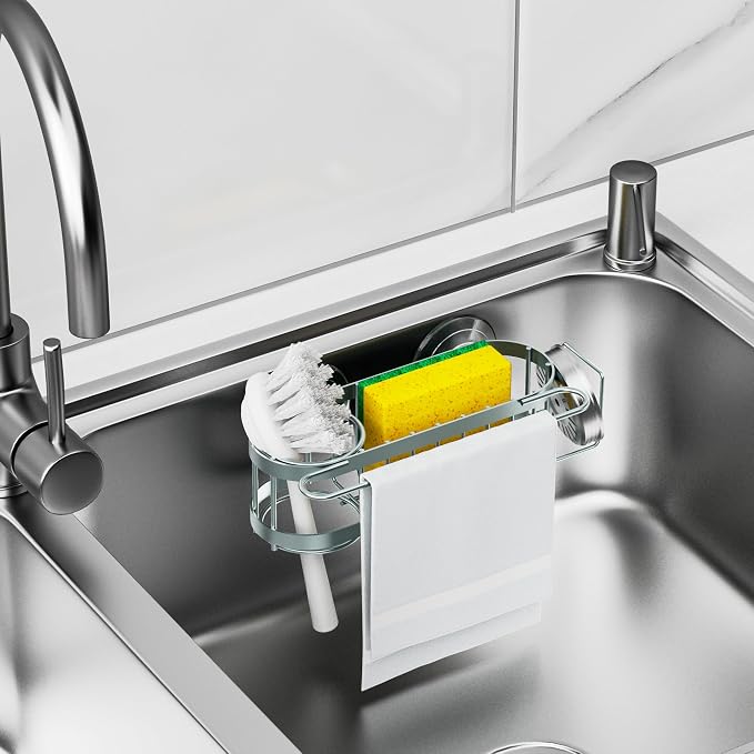 Cisily Kitchen Sink Caddy Sponge Holder in The Sink, Stainless Steel Kitchen Sink Organizer, Brush Holder, Dish Cloth Hanger, Sink Stopper Holder (Suction cup-Sage Green) - Image 6