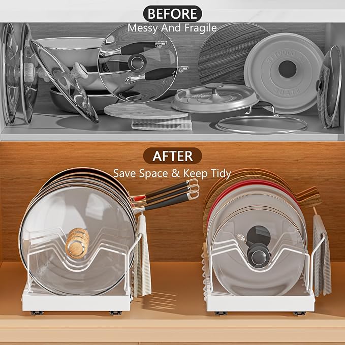 White Pull Out Pot Lid Organizer, Cabinet Pan Rack, 10 Dividers | 2-pack black carbon steel rack, 16 adjustable dividers, quiet slide rails, adhesive or screw mount for lids, pans, bakeware - Image 5