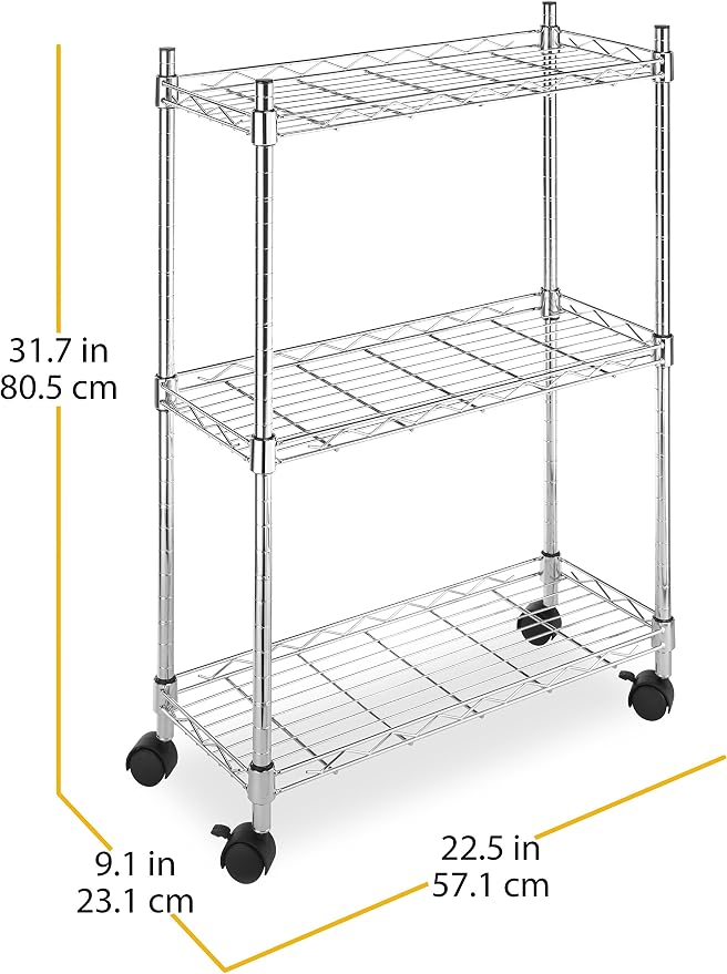 Whitmor 3 Tier Shelving Unit, Metal Storage Shelves, Adjustable Heavy Duty Shelf with Wheels , 400 lbs Capacity per Shelf, 1200 lbs Total for Home, Garage, Workshop, 23"L x 13"W x 30"H, Chrome - Image 3