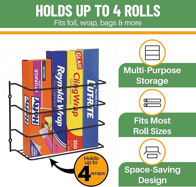 Evelots Kitchen Wrap & Food Bag Organizer Basket, Wall or Cabinet Door Mount, 2-Pack - Black | Keep kitchen wraps and food bags organized with 2 baskets that mount on a wall or cabinet door to save valuable counter space - Image 2