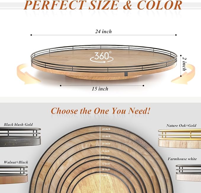 AMH 24-Inch Extra Large Farmhouse Oak Lazy Susan Organizer | Smooth rotating oak tray with walnut finish for dining tables, kitchen counters, pantries and cabinet storage. - Image 6