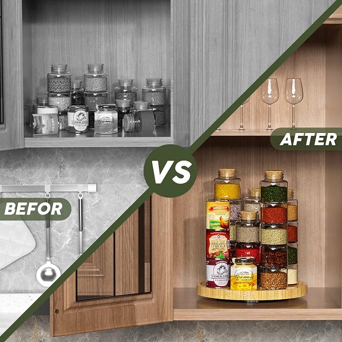 Lazy Susan Organizer, 10 Inch Non-Skid Bamboo Turntable Organizer | Salt Pepper Olive Oil and Spices Next to Stove, Wooden Lazy Susan for Table or Kitchen Countertop Organizer - Image 4