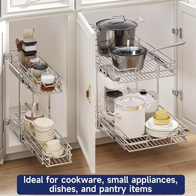 2-Tier Pull Out Cabinet Organizer, 7.5" W x 21.5" D, Heavy Duty Dual Slide Out Shelves for Narrow Base Cabinets, Chrome Wire Basket Drawer for Spices, Bottles & Snacks - Image 6