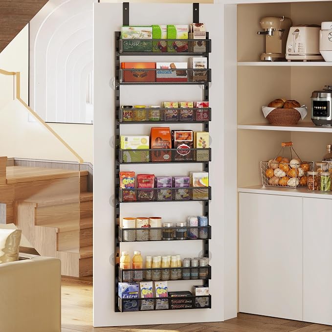 8-Tier Over the Door Pantry Organizer with Adjustable Baskets | Over the Door Spice Rack, Wall-Mounted or Hanging Shelves for Kitchen, Laundry Room, Bathroom(Black,16.65"W x 5.2"D x 72.6"H) - Image 8