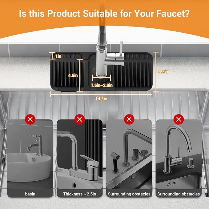 ZJWZLG Faucet Mat for Kitchen Sink, 14"X5.5" Silicone Sink Splash Guard , Snap-On Design & 7°slope Fast Drain, Folding Sink Faucet Mat for Universal Kitchen Bathroom Sink(Black) - Image 5