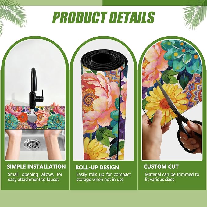 3 Pcs 2 Size Kitchen Sink Splash Guard Faucet Mat Datura Flowers Pattern Faucet Mats for Sinks Colorful Flower Absorbing Drying Mat for Kitchen Bathroom - Image 3