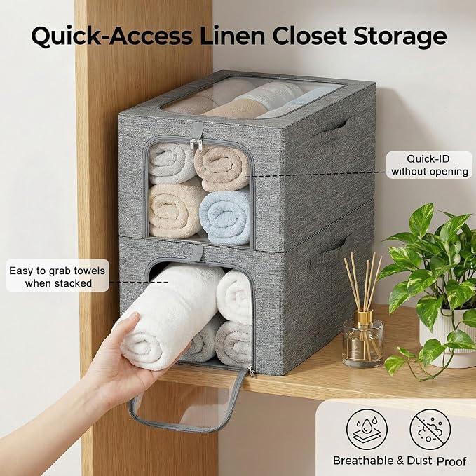 GoMaihe Baby Clothes Storage Bins with Metal Frame 27L 3-Pack Grey | Kids Toddler Child Clothing & Towels Small Items, Closet Top Shelf Boxes, Collapse-Proof Stackable, Clear Window Dual Access - Image 4
