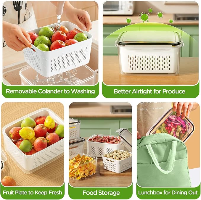 4 PCS Fruit Storage Containers for Fridge, Produce Containers for Fridge with Removable Colander, All-In-One Fruit Washing Bowl with Strainer Microwave/Dishwasher Safe for Salad Berry Lettuce Keeper - Image 7