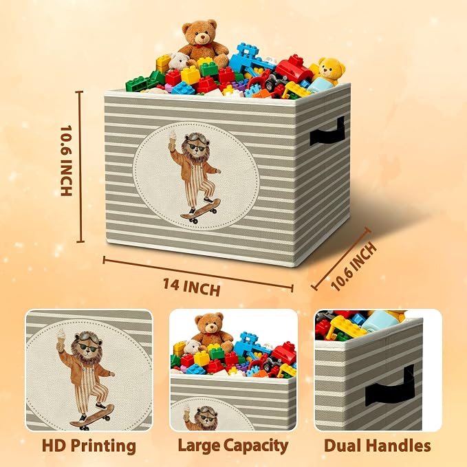 Rustic Lion Skateboarding Storage Bins Boxes with Handles | toys books clothes, grey striped nursery foldable basket for organizing bedroom toddler room playroom - Image 3