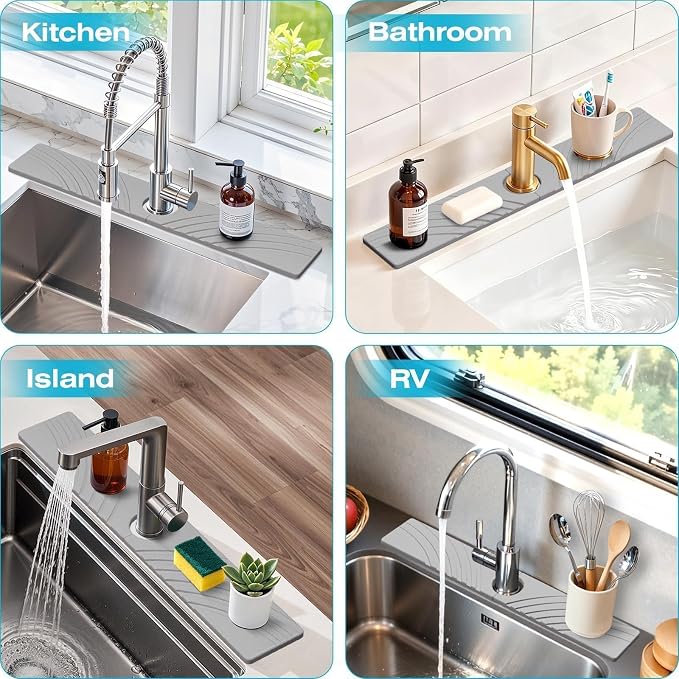 SpaceHacks Stone Faucet Mat for Kitchen Sink 23.7x4 in, Light Gray | Fast Drying Diatomite Stone Drying Mat, Water Splash Guard, Textured Drainage Sink Protector, Suits Bathroom&Kitchen Counter - Image 6