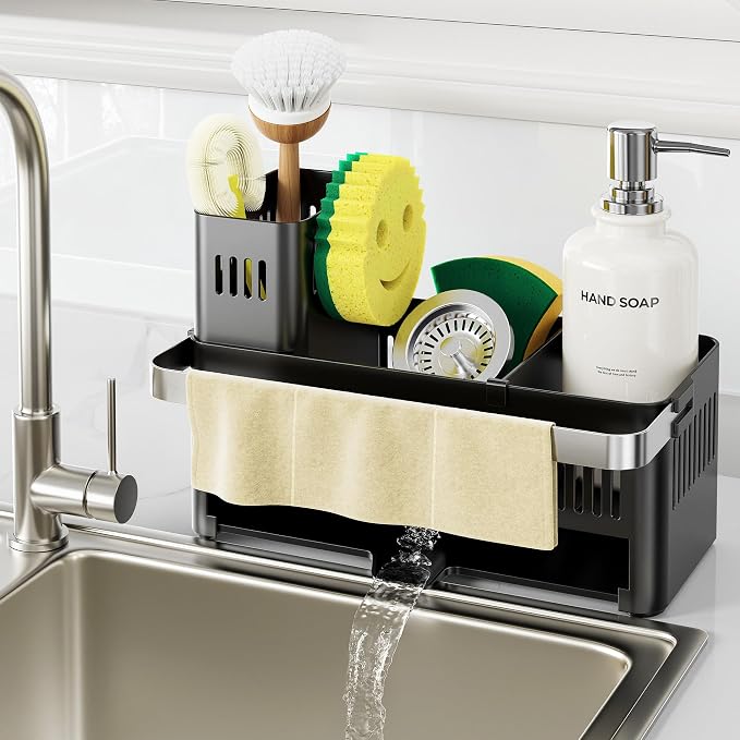 Nieifi Sponge Holder, Black Rustproof ABS Sink Caddy with Towel Rack | Smiley Sponge and Brush Holders with Drainage to Keep Items Dry. 10"W x 4.5"D. Kitchen Counter Organizer & Essential Storage. by Nieifi