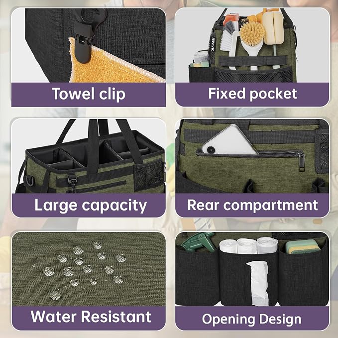 IBVIVIC Wearable Cleaning Caddy Bag for Cleaning Supplies, Green | Cleaning Organizer Tote Bag with Handle & Shoulder Straps Kitchen Cleaning Supplies Storage Bag for Cleaners & Housekeepers - Image 4